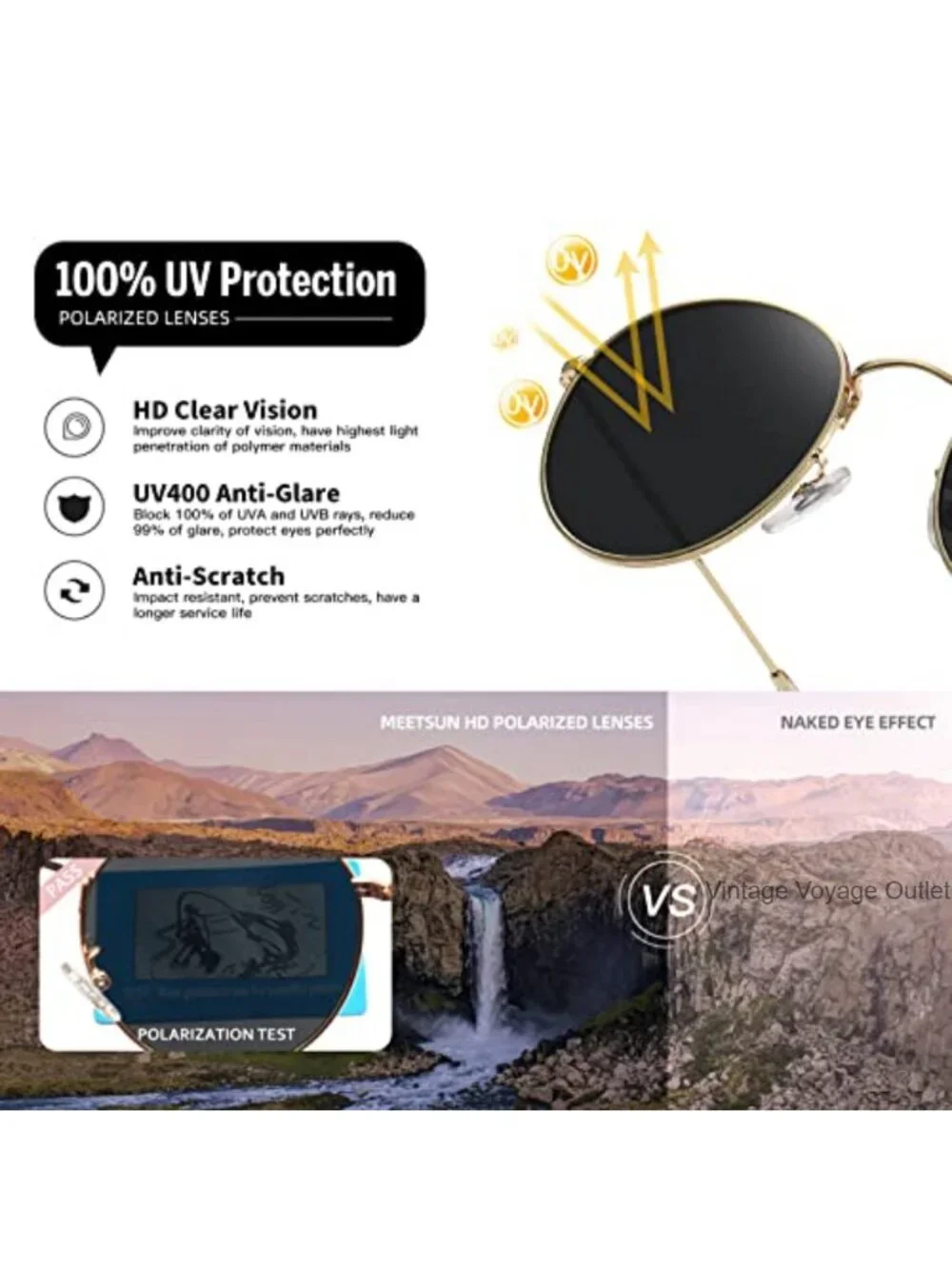 Round Polarized Sunglasses for Women Men Metal Frame UV Protection